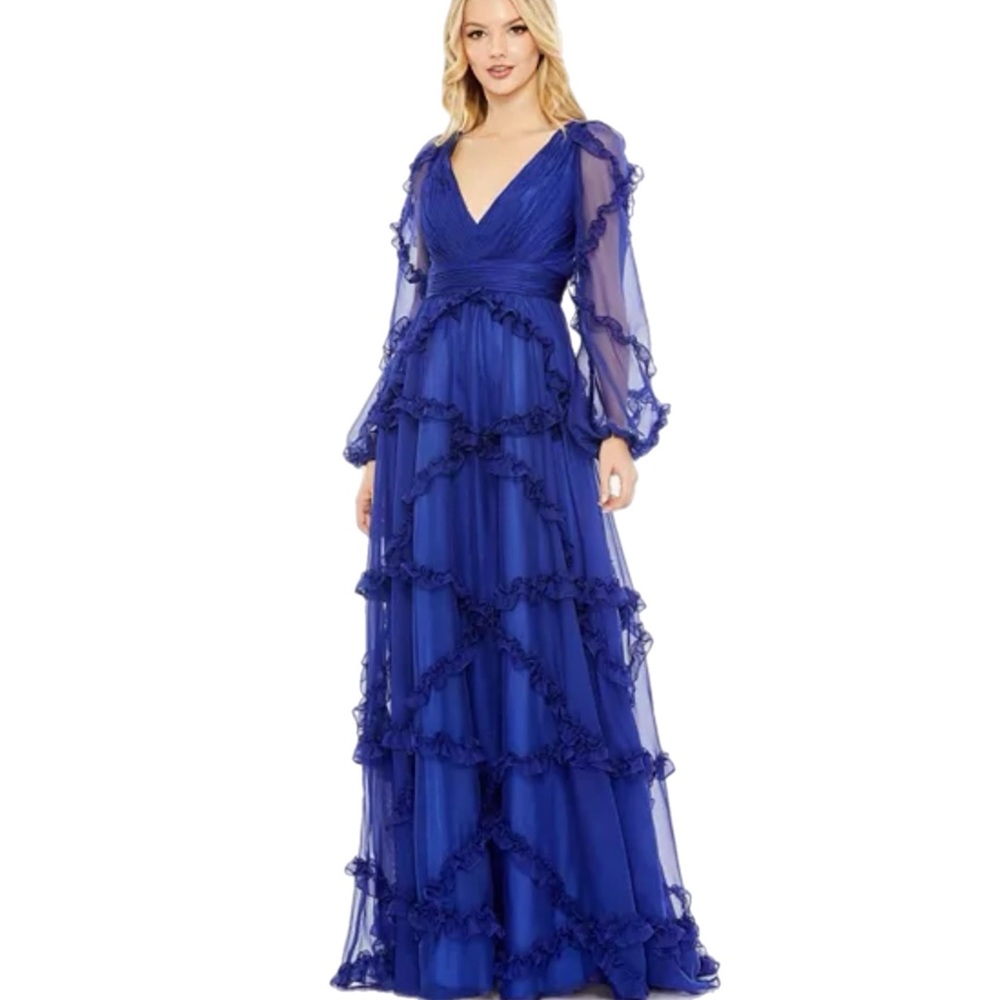 NWT Mac Duggal $498 MSRP Cobalt Blue Long Sleeve Chiffon & Ruffle Gown Size 2